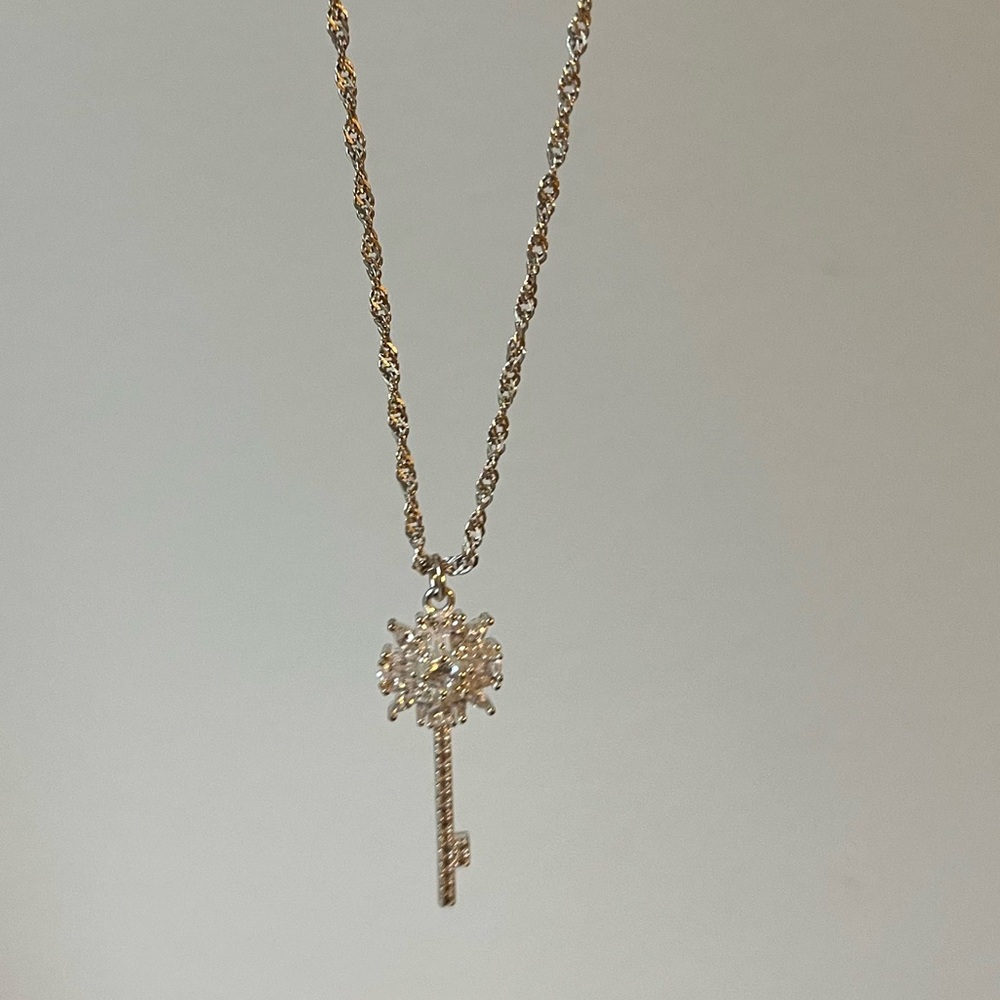 Silver tone rhinestone Skeleton Key Pendant Necklace